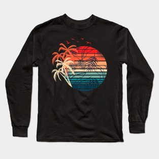 Retro Coconut Palm Trees Exotic Flowers Tropical Summer Long Sleeve T-Shirt